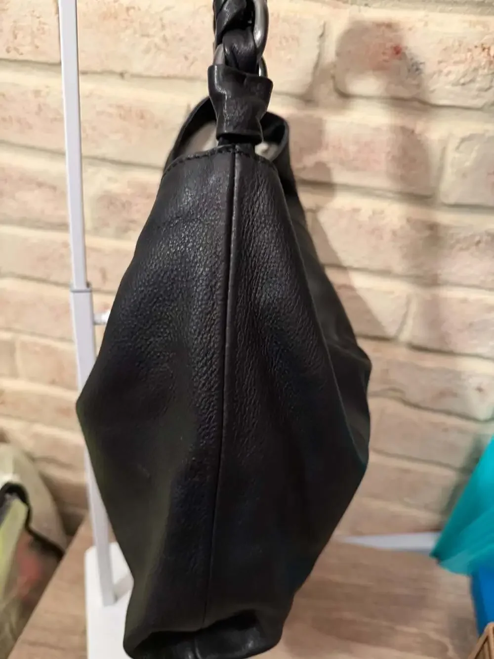 Vince Camuto Kimi Black Pebbled Leather Hobo Bag with Braided Chain Handle